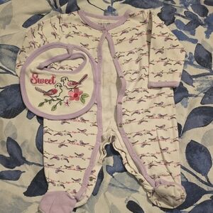 White and Purple Bird Print Footie with Bib